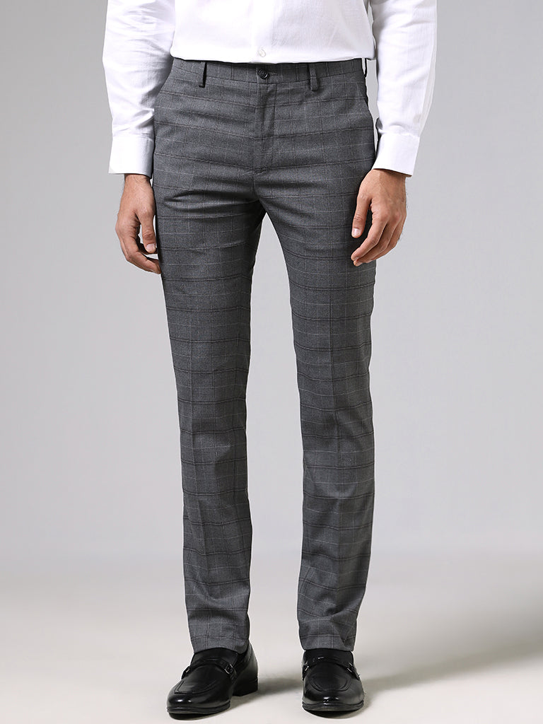 Formal Trouser: Check Men Blue Cotton Formal Trouser at Cliths